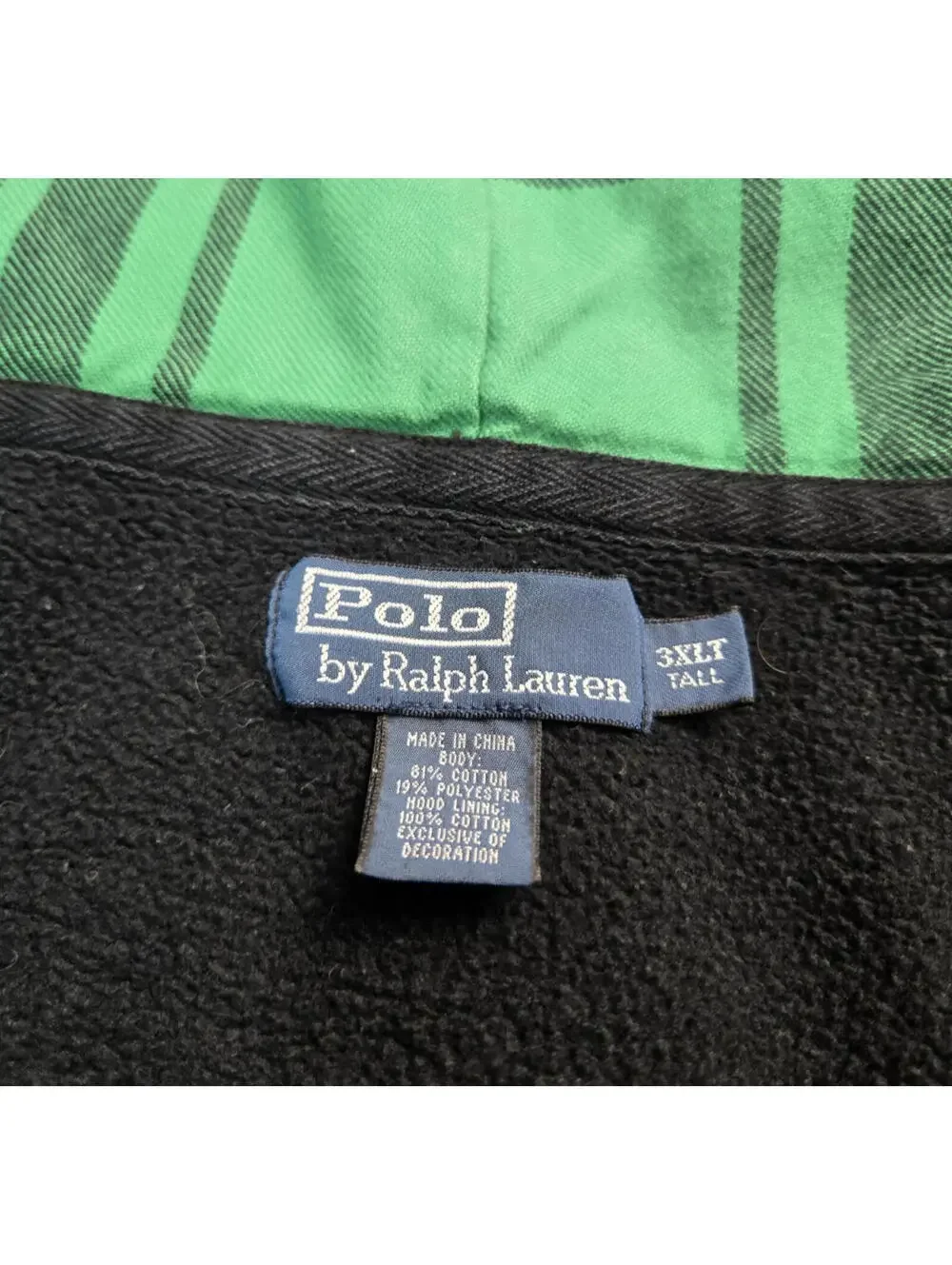 Polo Ralph Lauren Vintage Green Plaid Lined Black Zip Hoodie Mens Size 3XLT - Picture 6 of 6